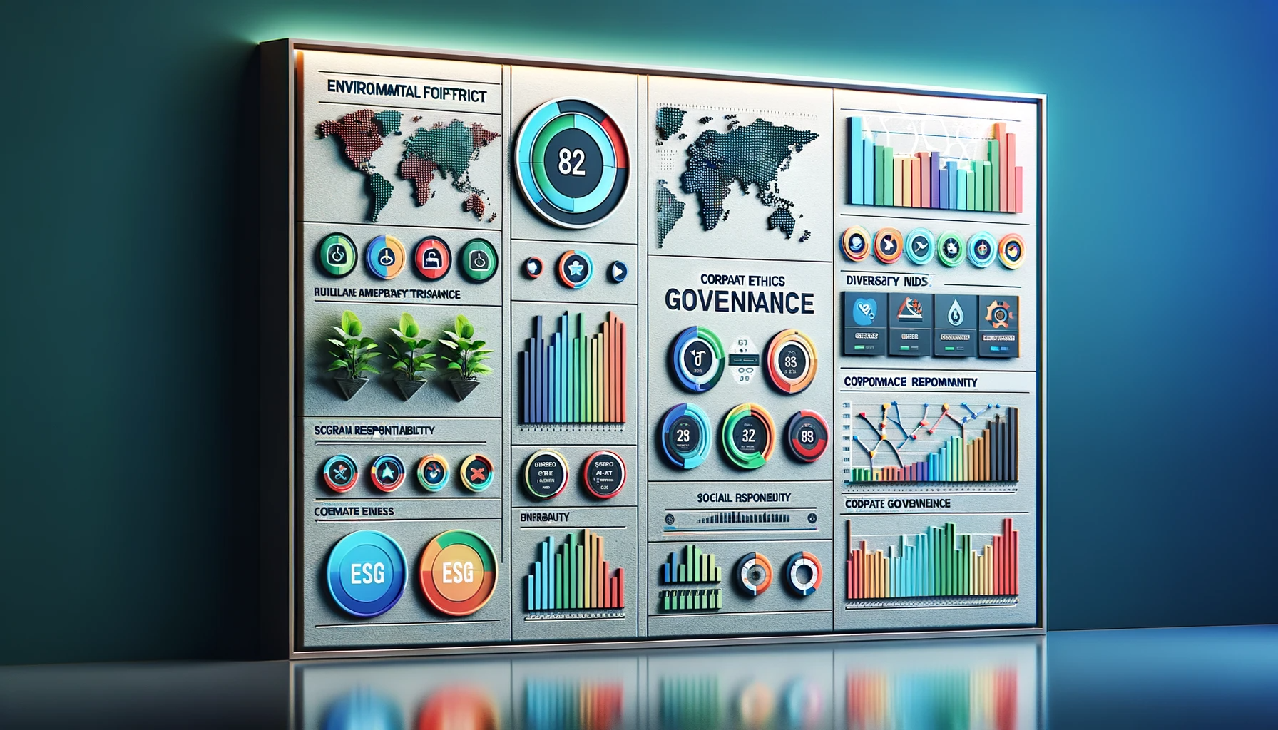 DALL·E 2023-11-20 17.25.56 - A modern and sleek ESG (Environmental, Social, and Governance) dashboard display. The dashboard should feature a range of colorful graphs, charts, and