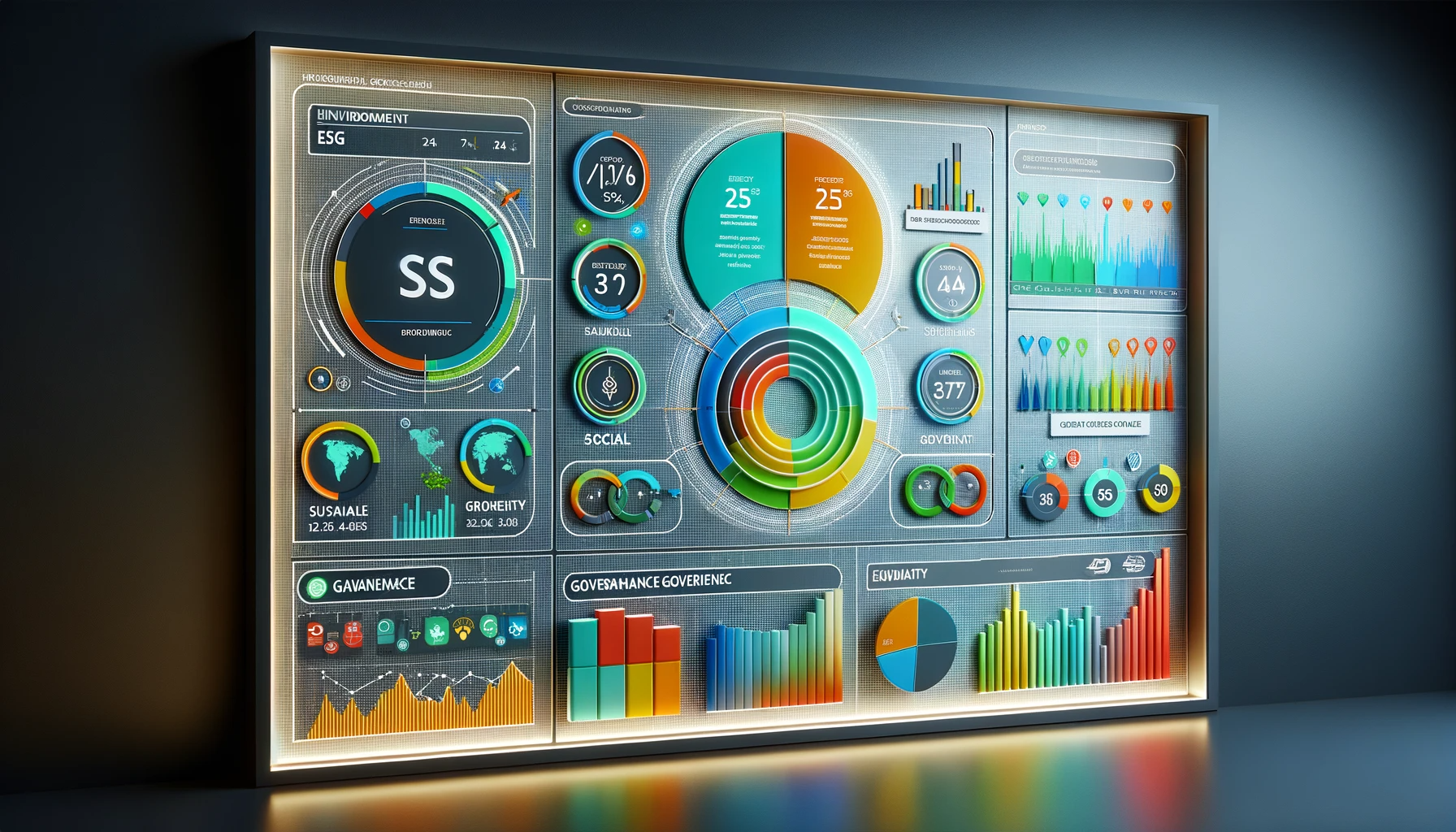 DALL·E 2023-11-20 17.27.04 - A contemporary ESG (Environmental, Social, and Governance) dashboard, designed with a sleek and modern aesthetic. This dashboard displays various ESG 