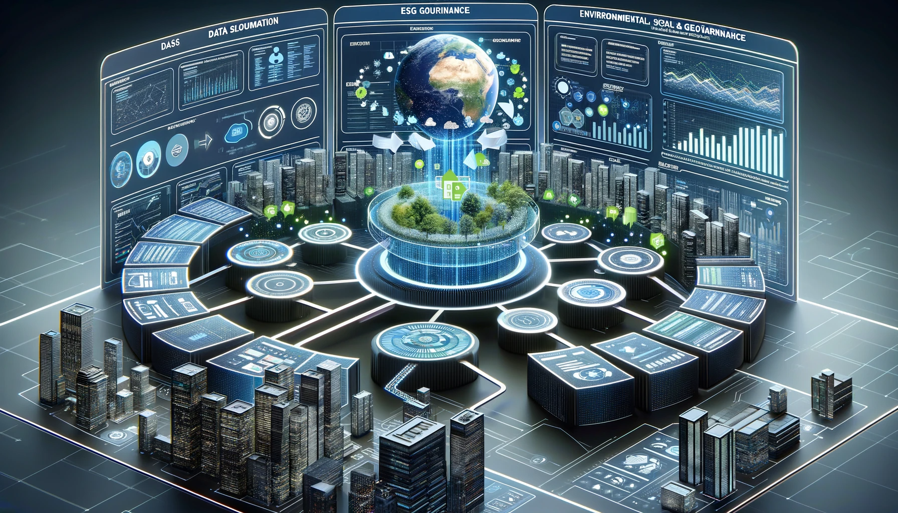 DALL·E 2023-11-20 18.40.46 - An image showcasing the process of ESG (Environmental, Social, and Governance) data source selection and integration into a centralized platform. The 