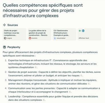 Perplexity cite ses sources et donne d’autres questions liées au sujet sur lequel on l’interroge